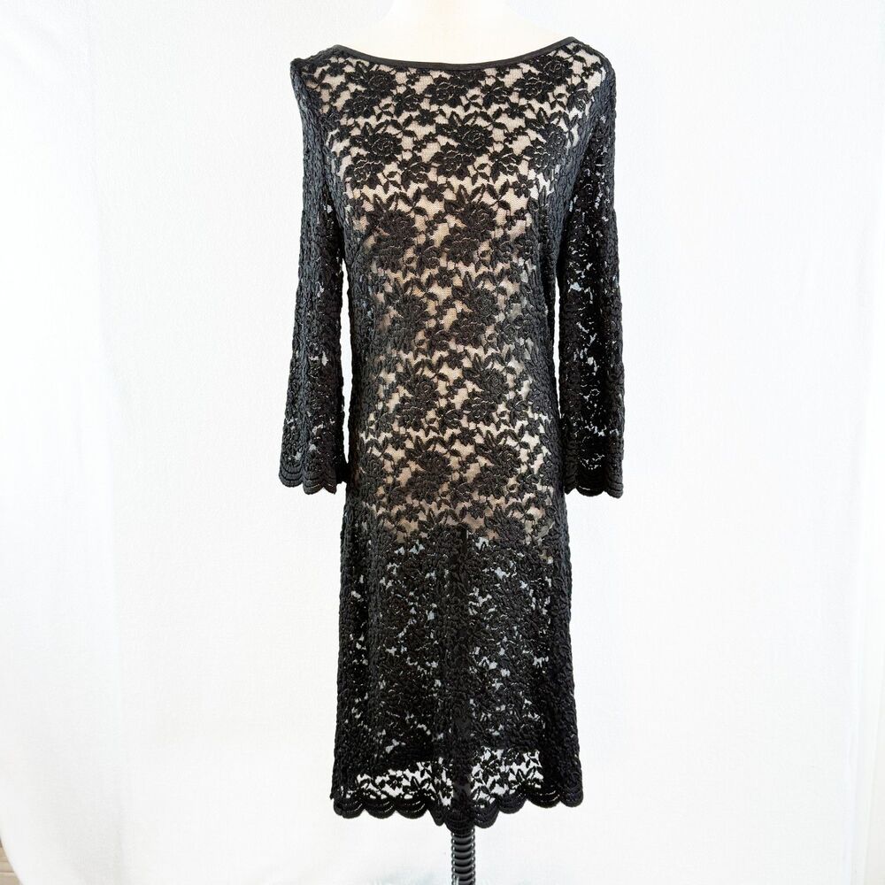 Vintage 1990s | Thea Dora | Black Lace Sheer Body Long Sleeve Tight Dress | Sz M